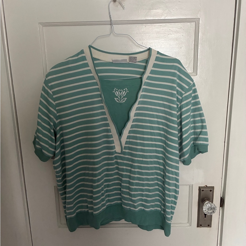 Striped Green and White V-Neck Top